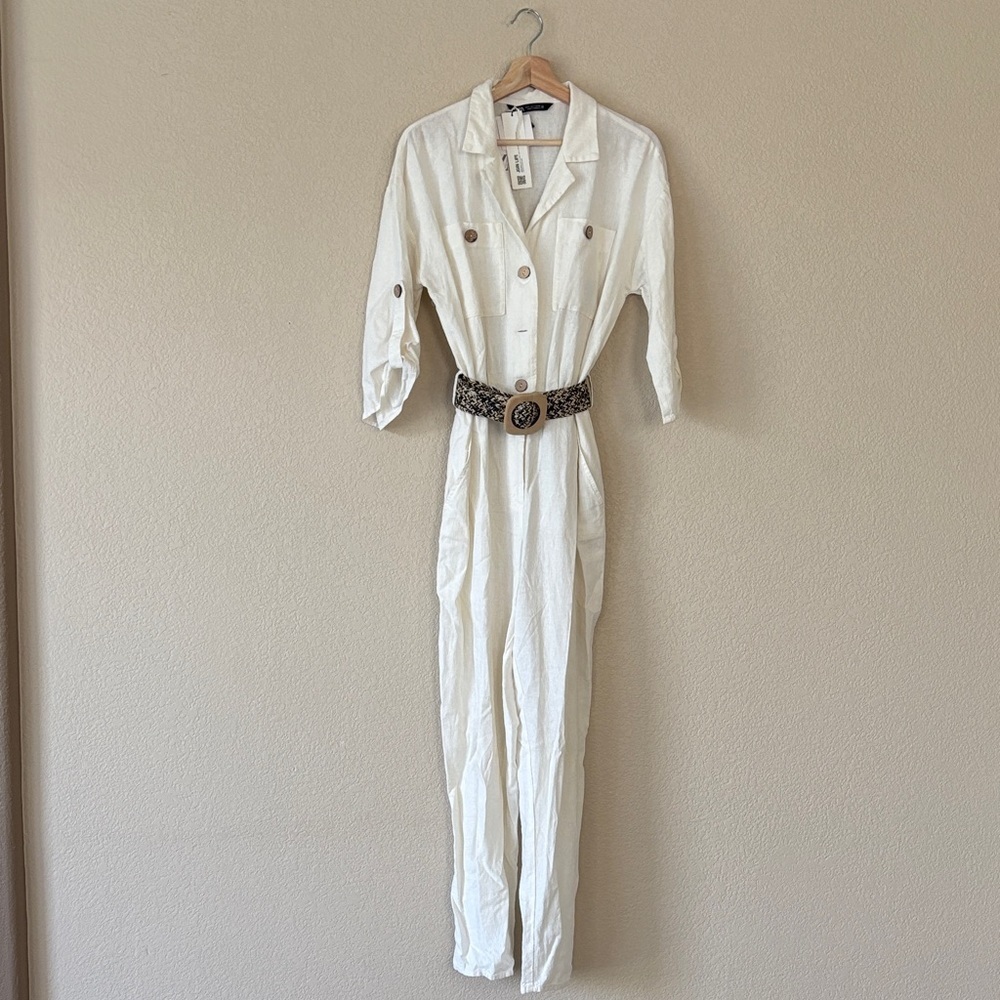 Zara Off White Button-Front Jumpsuit with Decorative Belt- NWT - Picture 2 of 6